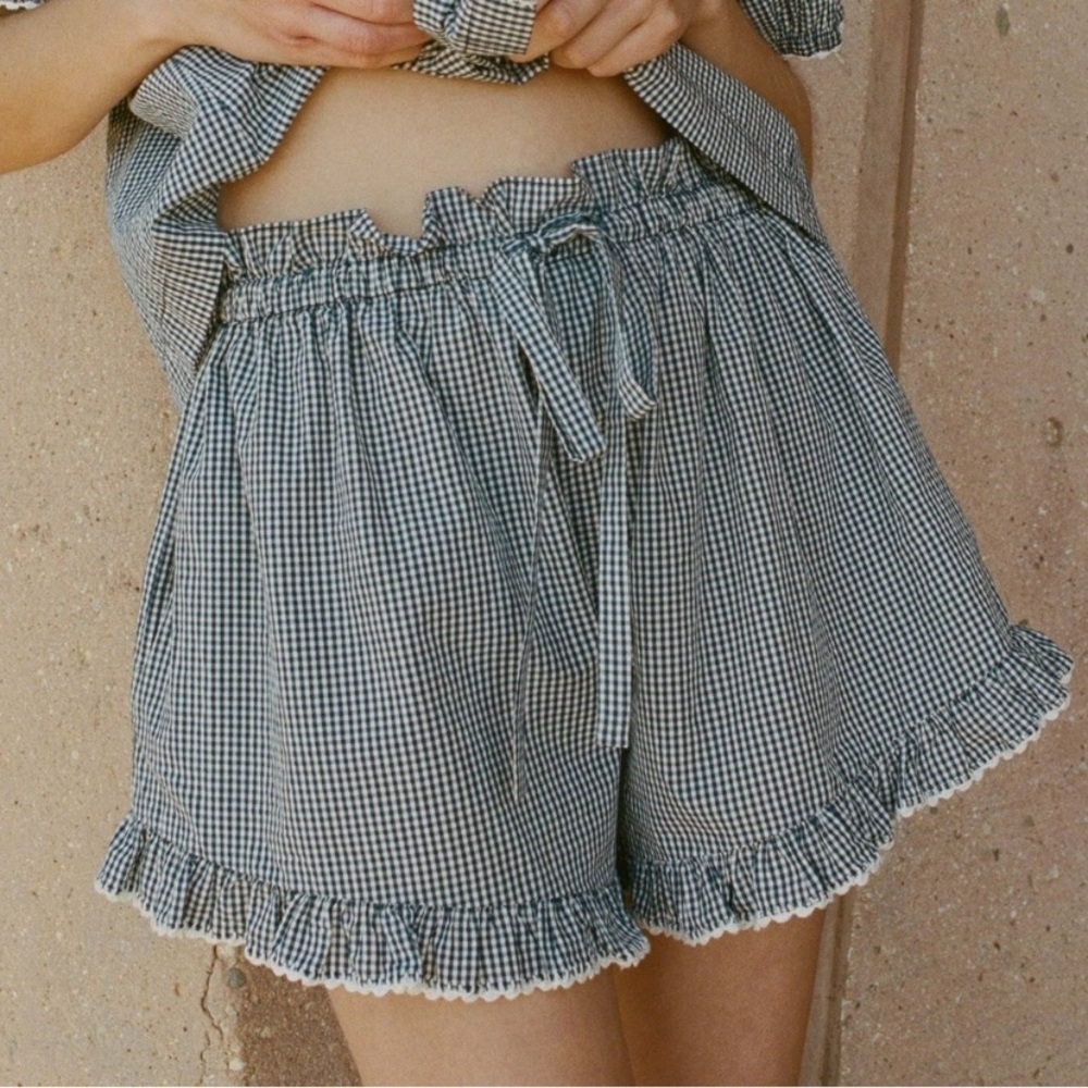 Doen Luella Cotton Crochet Trim Ruffle Tie Shorts Azure Paris Gingham Blue White